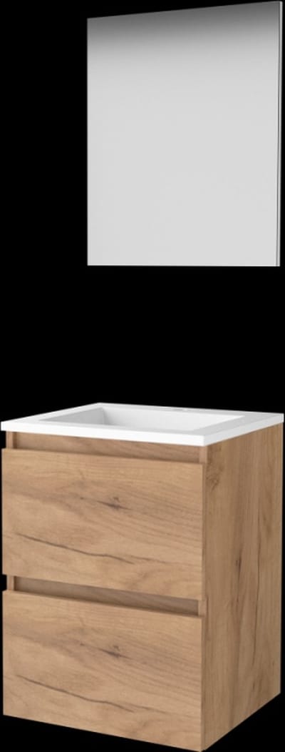 Basic-Line Basic 46 Badkamermeubelset - 50 x 46 cm - Greeploos - 2 Lades - Acryl Wastafel - 1 Kraangat - Spiegel - Whisky Oak