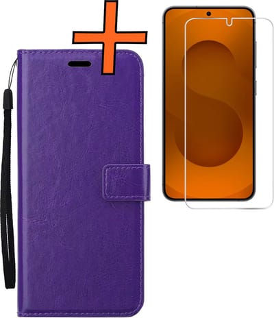 Hoes - Met Screenprotector - Geschikt voor Samsung Galaxy S25 - Luxe Pasjeshouder - Bookcase Portemonee - Flip Case - Kunstleer Book Case - Flipcase - Book Cover - Walletcase - PortemonneeHoes - Paars