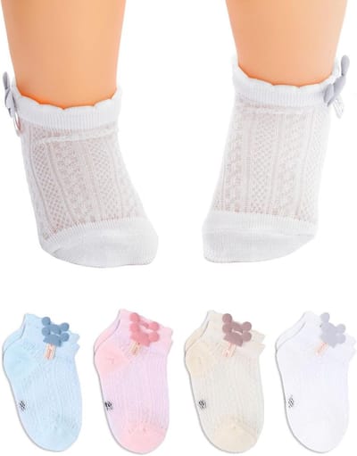 Zomerse Katoenen Sokken voor Baby Meisjes - Dunne Mesh Sokken voor 6-12 Maanden (4 Paar) - Comfortabel, Ademend en Modebewust