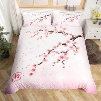 Japanse Dekbedovertrek Set, Tak van een Bloeiende Sakura Boom Bloem Kersenbloesems Lente Thema Kunst Japan Beddengoed Set Volledige Maat 150x200cm 3pcs
