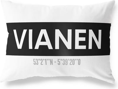 Tuinkussen VIANEN - NOORD-BRABANT met coördinaten - Buitenkussen - Bootkussen - Weerbestendig - Jouw Plaats - Studio216 - Modern - Zwart-Wit - 50x30cm