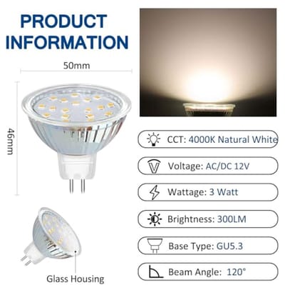 LED Inbouwspots GU5.3 12V 3W - Neutraal Wit 4000K, 120 Graden, 300lm, 30W Halogeenvervanging - Set van 6