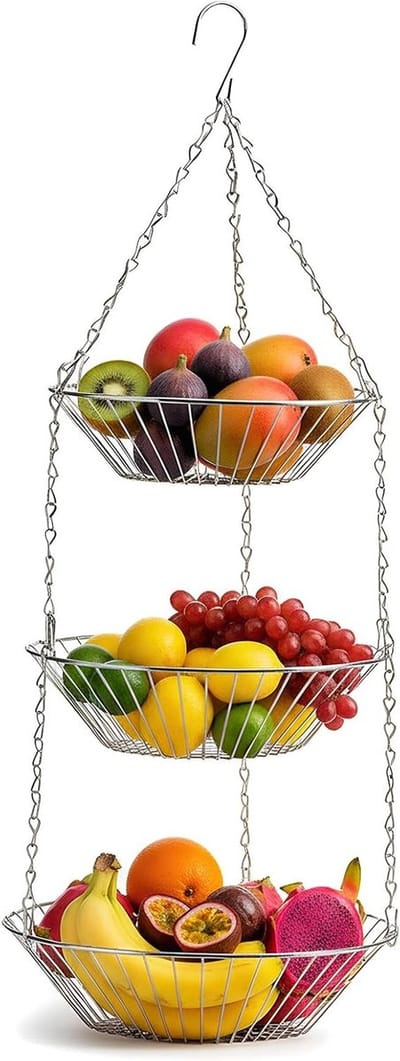 Hanging fruit basket van roestvrij staal met haken, 74 x 28 cm, ideaal voor het opslaan van fruit, groenten en brood in de keuken