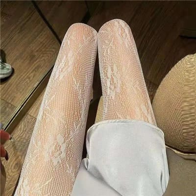 1 Paire Bas Résille Dentelle Creuse Blanc et Noir Bas à Motif Rotin Floral One Size beige