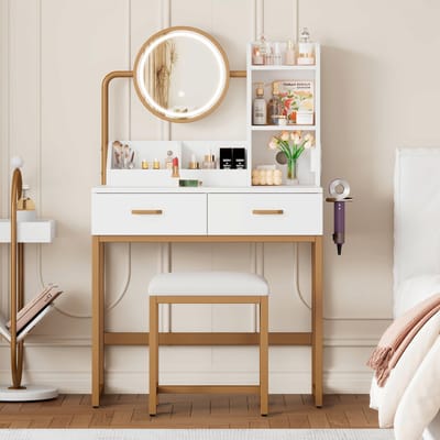 DESMIU Kaptafel - Verstelbare Ledverlichting En Spiegel Met Stopcontacten - Voor Slaapkamer En Make-uptafel - Spaanplaat - Wit Goud - 80x40x138,5 Cm