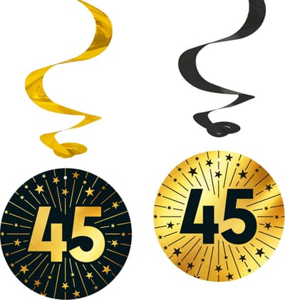 4x Swirls 45 jaar zwart / goud - Golden Celebrations - Verjaardag Feestje Hangdecoratie Versiering Feestdecoratie Decoratie