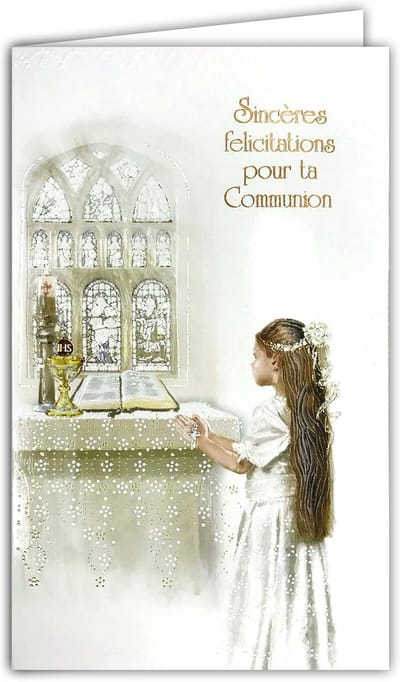 Hartelijke Communiekaart voor Meisjes met Bijbelse Illustraties en Enveloppe