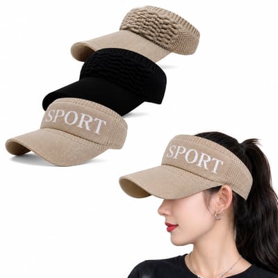 3 Stuks Zonnehoed - UV-bescherming - Dames Vizier Zonnehoed - Paardenstaart Strandhoed - Gebreide hardloophoed - Elastische sportmutsen – Zwart Khaki en Bruin - LOUZIR