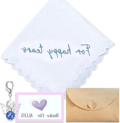 Witte Katoenen Zakdoek met Beschermengel Hanger, Trouwring Set voor Bruid en Bruidegom, Perfect als Cadeau voor Vrijgezellenfeest en Bruidsdouche