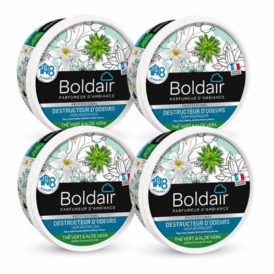 Boldair Geurverdrijver Gel Thé Vert & Aloe Vera 300 g - Set van 4 Stuks - Professionele Luchtverfrisser Geurneutralisator - 8 Weken Werking tot 30 m² - Made in France Grasse