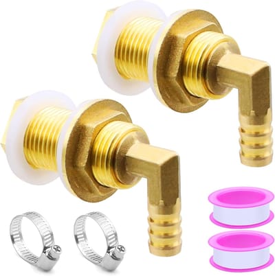 2-delige Messing Tank Aansluitset voor Regenwateropvang met Slang, Slangklemmen en Teflon Tape - 1/2 Inch Aansluiting voor Tanks en Vaten