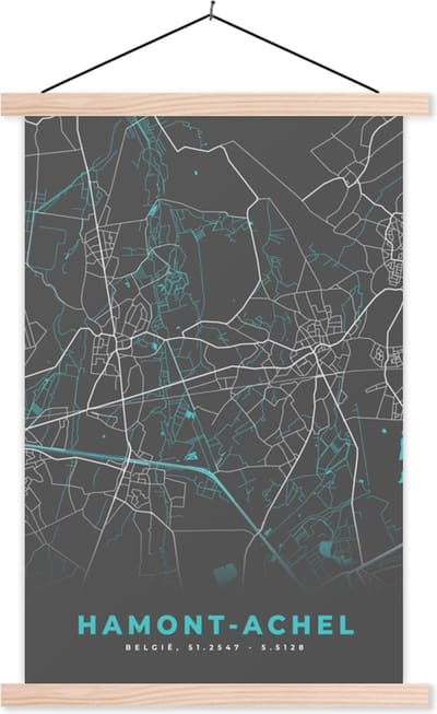 Posterhanger incl. Poster 40x60 cm - Schoolplaat - Stadskaart – Grijs - Kaart – Hamont Achel – België – Plattegrond - Textielposter - Blanke latten - Stadskaart