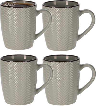 Siaki Koffiemok/theemok - 4x - Fishbone - lichtgrijs - 370 ml - mokken - keramiek