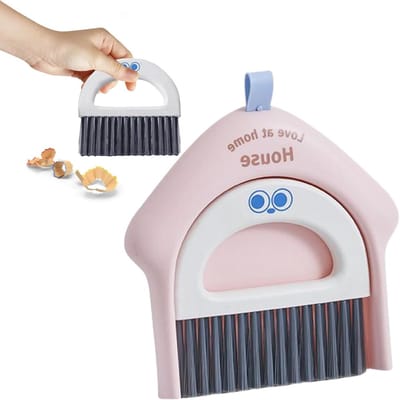 Bezem Met Stofblik - Schoonmaak Set - Dagelijks Schoonmaken - Compact En Opvouwbaar - 18.5x17cm - Roze