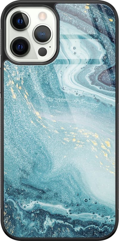 Hoesje geschikt voor iPhone 12 Pro - Marmer blauw - Luxe Glazen Hardcase - Marmer - Blauw - Leuke Telefoonhoesjes