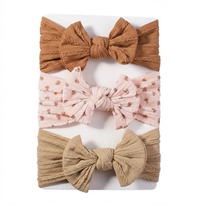 Baby haarband set met strik – 3 stuks – zachte elastische haarbanden in bruin, beige en roze bloemenprint – comfortabele baby accessoires voor meisjes