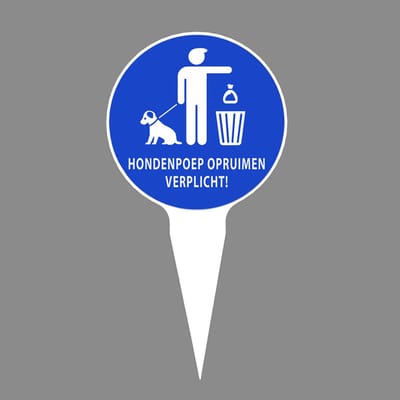 Hondenpoep opruimen verplicht – Steekbordje tuin of erf – Duurzaam 3D geprint kunststof – Wit/Blauw – 15 cm