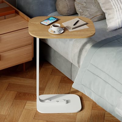 MIVRAY Bijzettafels - Bijzettafel C‑Vormige Sidetable, Houten Blad Met Metaal Onderstel, Nachtstand Bijzettafel Voor Woonkamer Of Slaapkamer, Bruin, 45x30 cm, 63 cm Hoog
