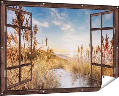 Gards Tuinposter Doorkijk Strand en Zee vanuit Duinen met Zonsondergang - 150x100 cm - Tuindoek - Tuindecoratie - Wanddecoratie buiten - Tuinschilderij