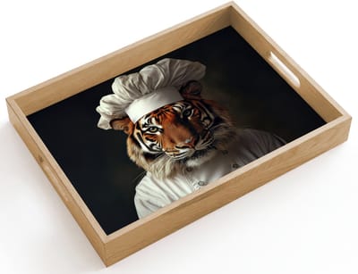 Dienblad hout 40x30 cm - Schootdienblad - Tijger - Kokskleding - Bruin - Borrelplank rechthoek - Plateau dienbladen