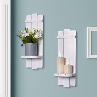 Wanddecoratie Kandelaars - Kaarsenplanken Rustiek - Woonkamer Decoratie - Set van Twee - 38.1 cm Hoogte - Wit