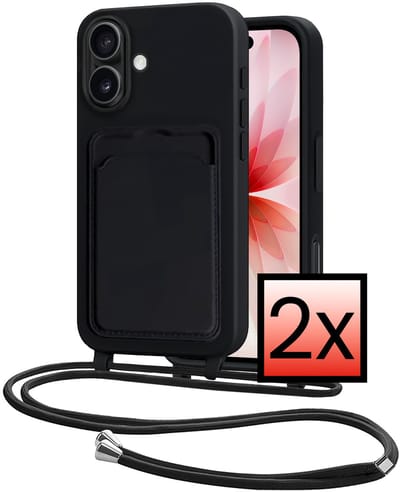 Hoes Geschikt voor iPhone 17 Hoesje Pasjeshouder Cover Met Koord Case Siliconen Hoes Met Telefoonkoord en Kaarthouder - Zwart - 2 PACK