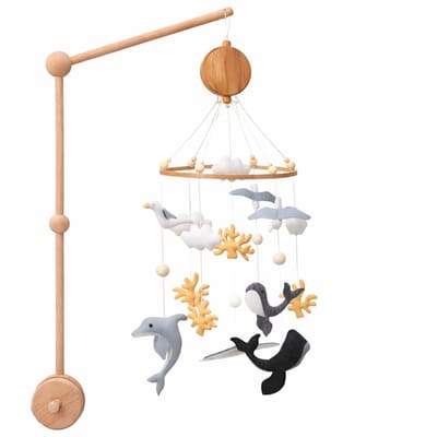 Baby Mobiel Oceaan Thema – Houten Wieg Mobiel met Walvis, Dolfijn & Zeemeeuw – Kinderkamer Decoratie