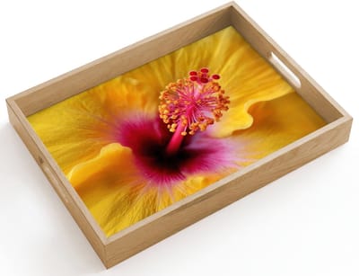 Dienblad hout 40x30 cm - Schootdienblad - Geel - Hibiscus - Tropisch - Borrelplank rechthoek - Plateau dienbladen