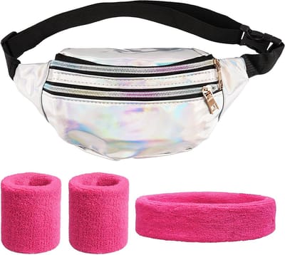 4-delig kostuumset met polsbanden, roze tas en accessoires voor 80s themafeesten, sport en retro evenementen