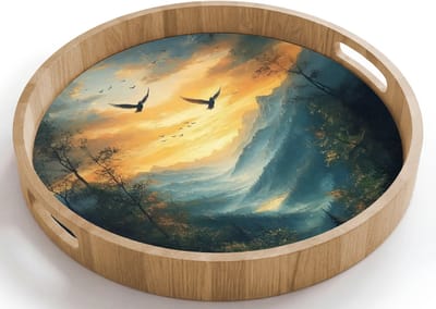 Dienblad rond 40x40 cm - Schootdienblad hout - Vogels - Zon - Bomen - Groen - Borrelplank rechthoek - Plateau houten dienbladen