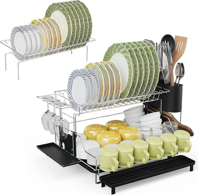 2-etages afdruiprek voor servies met afneembaar ontwerp en draaibare uitloop - Zwart met metalen frame 58 x 42 x 37 cm