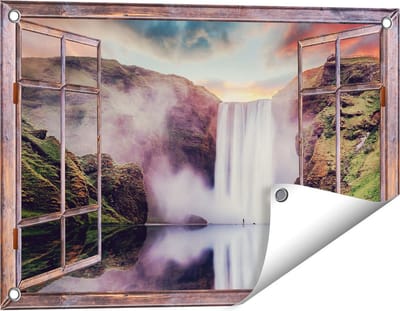 Gards Tuinposter Doorkijk Waterval met een Weerspiegeling in het Water - 60x40 cm - Tuindoek - Tuindecoratie - Wanddecoratie buiten - Tuinschilderij