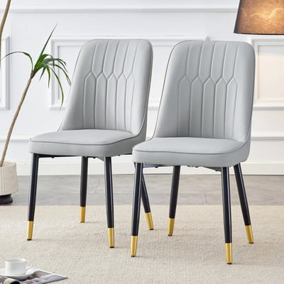 Set van 2 stoelen, moderne lichtgrijze eetkamerstoel met rugleuning van PU-leer en zwarte metalen poten, geschikt voor diverse ruimtes zoals de eetkamer, keuken en slaapkamer.