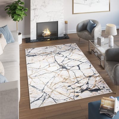 Tapiso Toscana Vloerkleed Beige Gouden Zwart Laagpolig Tapijt Maat- 80x150