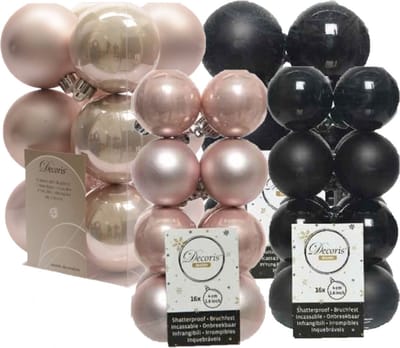 56x stuks kunststof kerstballen zwart en lichtroze 4 en 6 cm - Kerstversiering/kerstboomversiering
