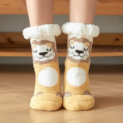 Budino® Huissokken - Verwarmde sokken - Antislip Sokken - Warme Sokken - Dikke Sokken - Anti Slip - Fluffy Sokken - Dames en Heren - Leeuw Geel Oranje Bruin