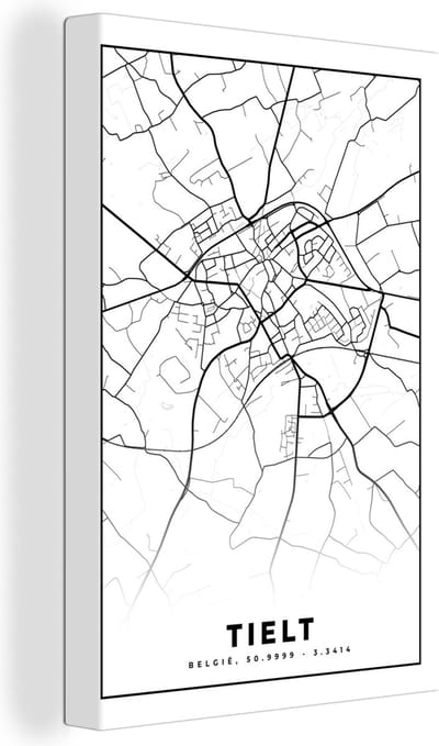 Canvas Schilderij Kaart – Plattegrond – Stadskaart – Tielt – België – Zwart Wit - 20x30 cm - Wanddecoratie