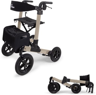 Parvum Luxo Air Rollator - Luchtbanden & dubbel opvouwbaar (6,9kg) - Incl. stokhouder, tas & rugleuning - Champagne