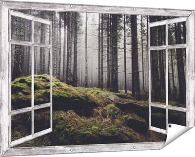 Gards Tuinposter Doorkijk Bos met Mos op Rotsen - 150x100 cm - Tuindoek - Tuindecoratie - Wanddecoratie buiten - Tuinschilderij