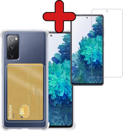 Hoesje - Geschikt voor Samsung Galaxy S20 FE - Met Screenprotector - Pashouder - Kaarthouder - Back Cover - Telefoon Hoes Shockproof - Siliconen Case - Shock Proof - Pasjes Houder - Telefoonhoes - Transparant