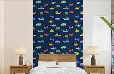 Behang - Fotobehang Patronen - Vliegtuig - Boot - Vrachtwagen - Jongetje - Jongens - Kinderen - Kids - Breedte 150 cm x hoogte 240 cm