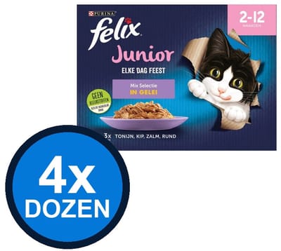 4x Felix - Elke Dag Feest In Gelei Junior Mix Selectie Multipack - Kattenvoer Natvoer - 1.02 kg