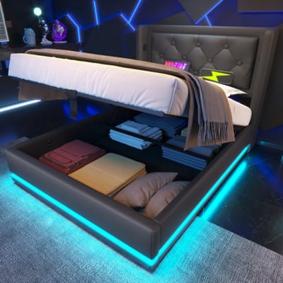 VVBV Gestoffeerd Opbergbed 90x200 cm - Hydraulische Opbergruimte, LED-Verlichting, USB-C - PU-leer Zwart - Zonder Matras