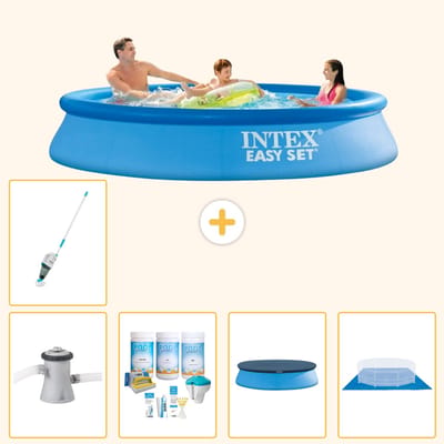 Intex Rond Opblaasbaar Easy Set Zwembad - 305 x 61 cm - Blauw - Inclusief Pomp - Onderhoudspakket - Afdekzeil - Grondzeil - Stofzuiger - 6-delig