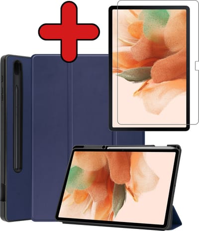Hoesje - Geschikt voor Samsung Galaxy Tab S7 FE - Met Screenprotector - Trifold Bookcase Hoes - Hard Cover Case - Met Uitsparing Geschikt voor S Pen - Hardcover Book - Tablethoes - Donkerblauw