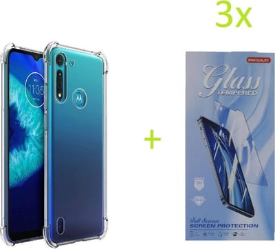 Hoesje Geschikt voor: Motorola Moto G8 Power Lite - Anti Shock Silicone Bumper - Transparant + 3X Tempered Glass Screenprotector