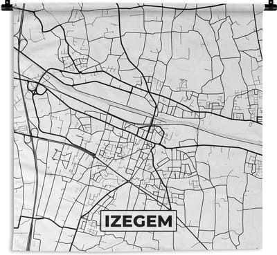 Wandkleed - Wanddoek - Stadskaart – Zwart Wit - Kaart – Izegem – België – Plattegrond - 180x180 cm - Wandtapijt