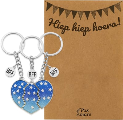 BFF Sleutelhanger voor 3 'Hiep Hiep Hoera' - Magnetisch Blauw Hartje - Sleutelhanger set op Cadeau Kaartje - Zilverkleurig - Verjaardags Hanger - Pax Amare