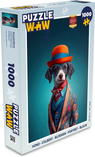 Puzzel Hond - Colbert - Bloemen - Portret - Blauw - Legpuzzel - Puzzel 1000 stukjes volwassenen