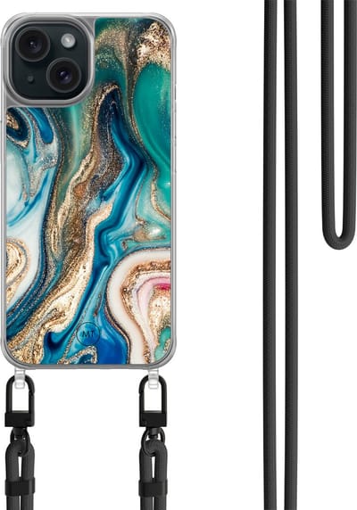 Hoesje met koord geschikt voor iPhone 15 - Magic marble - Inclusief zwart koord - Crossbody beschermhoes - Transparant, Multi - Mooie Telefoonhoesjes